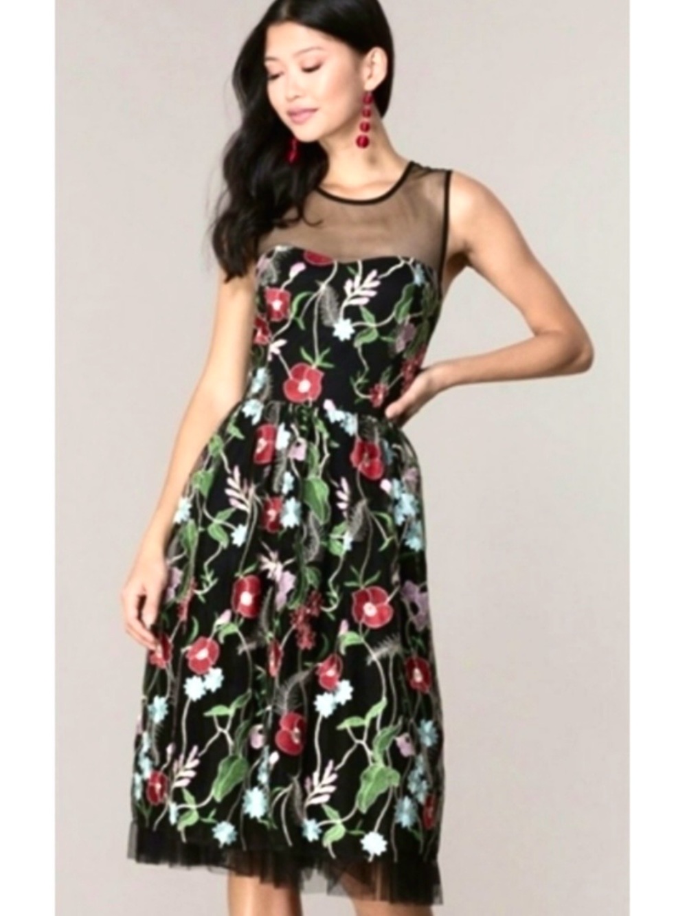 Eci New York Embroidered Black Floral Sheer Tulle Midi Party Dress, Women's 4